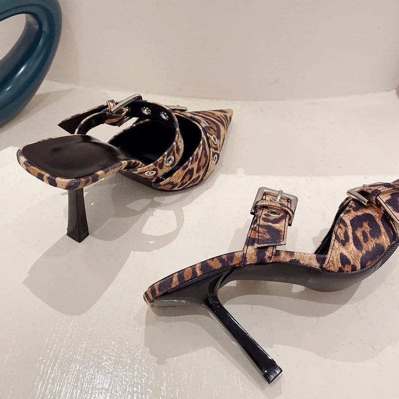 Silvery Female Pumps Luxury Leopard Footwear Ladies High Heels Slides Shoes Sandals Fashion  Thin  Slippers  2024