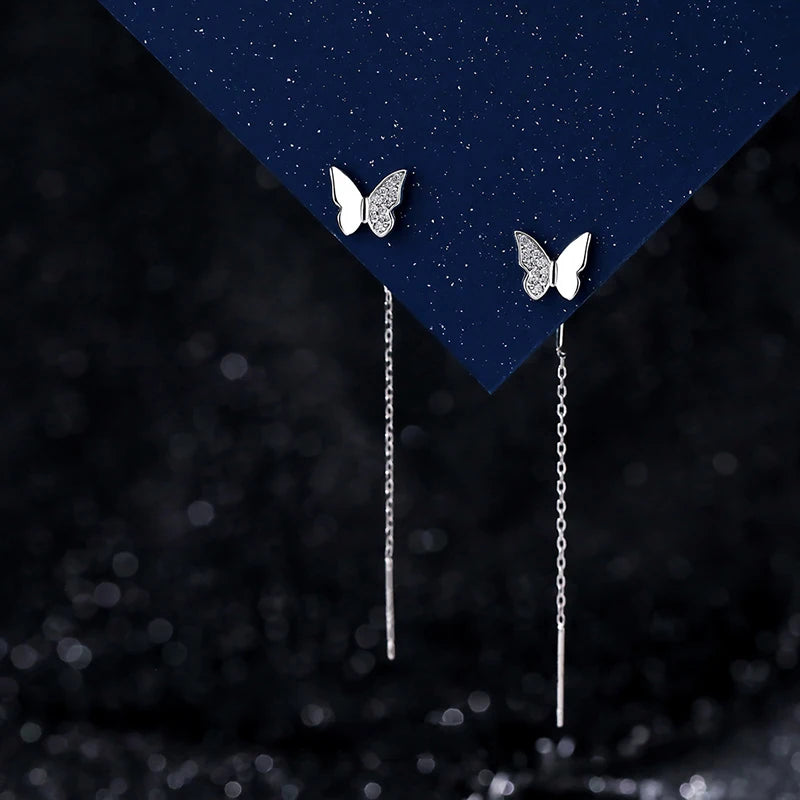 SOFTPIG Real 925 Sterling Silver Zircon CZ Butterfly Heart 5CM Short Tassel Drop Earrings For Women Cute Minimalist Fine Jewelry