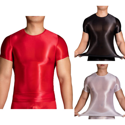 Mens Glossy Crop Tops Stretchy Ultra-Thin T-Shirt Short Sleeve Fitting Top for Sportswear Swimming Bodybuilding Gym Yoga Workout