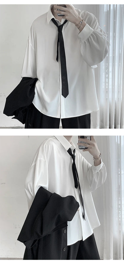 Free Black Tie Long-sleeved Shirts Men Korean Comfortable Blouses Casual Loose Single Breasted Shirt Mens Tshirt Harajuku