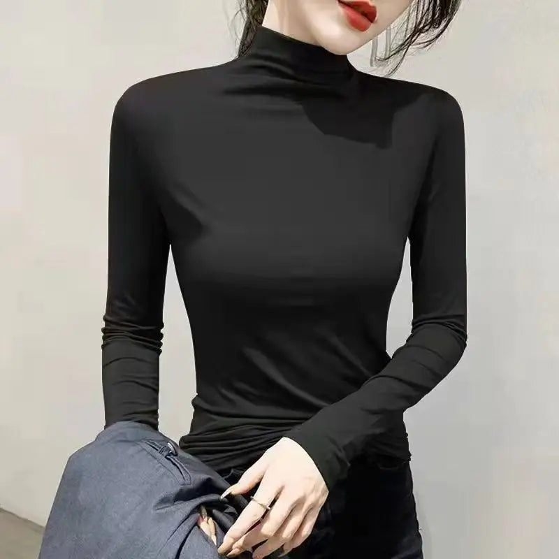 Black Turtleneck T-shirt Long Sleeve Tops Women Y2k Clothes Autumn Winter Korean Fashion Modal Elegant T-shirts for Women 2024