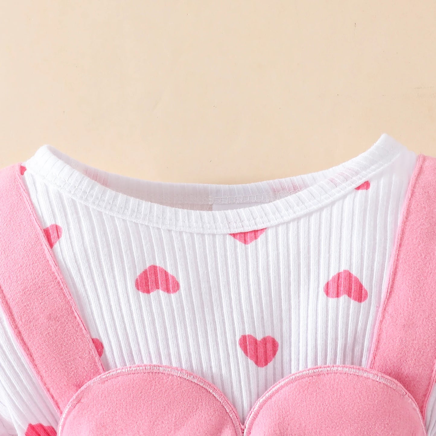 2 Pcs Baby Sweet Love Heart Fake Strap Long Sleeve Triangle Climb Dress Baby Girl Valentine's Day Triangle Onesie Dress+Bow Head