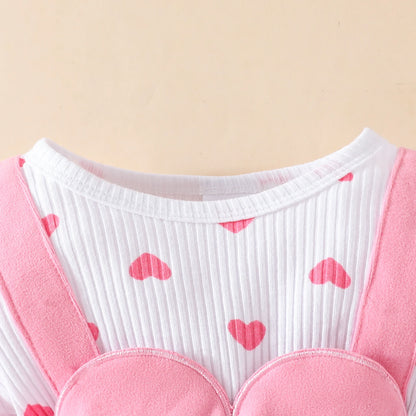 2 Pcs Baby Sweet Love Heart Fake Strap Long Sleeve Triangle Climb Dress Baby Girl Valentine's Day Triangle Onesie Dress+Bow Head