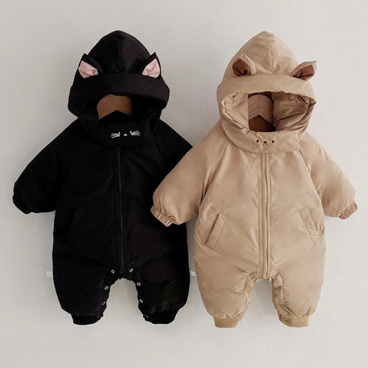 Newborn Baby Boy Girl Jumpsuit Winter Cute Cartoon Hooded Bodysuits for Infants Solid Thick Warm Kids Clothes Girls Costumes