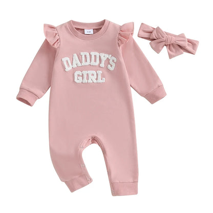 Spring Autumn Newborn Baby Girls Rompers Clothes Letter Embroidered Crew Neck Long Sleeve Jumpsuits Headband Long Pants Overalls