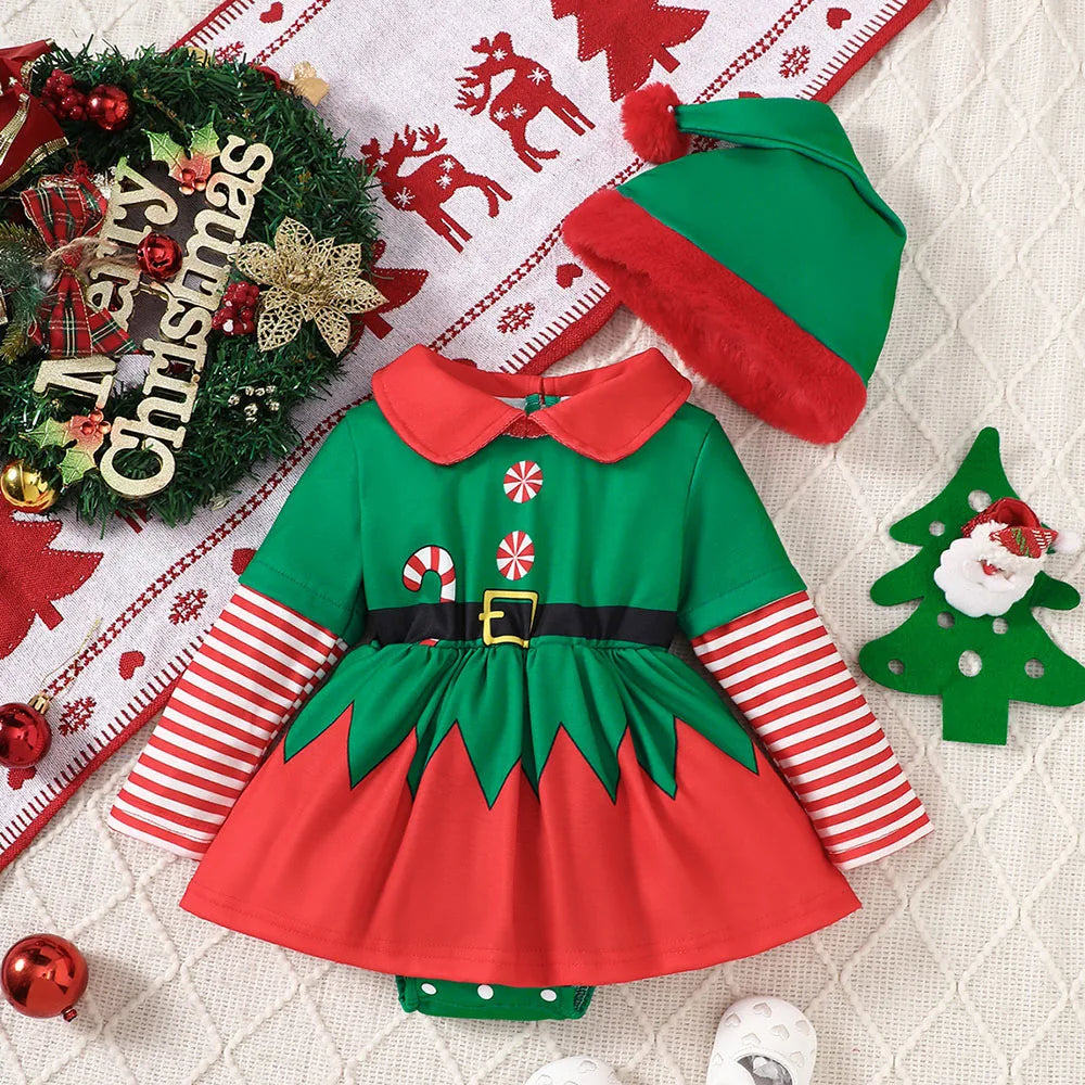 2pcs Christmas Bodysuit for newborn Stripe Long Sleeve Christmas print Bodysuit with Santa hat Baby outfit set