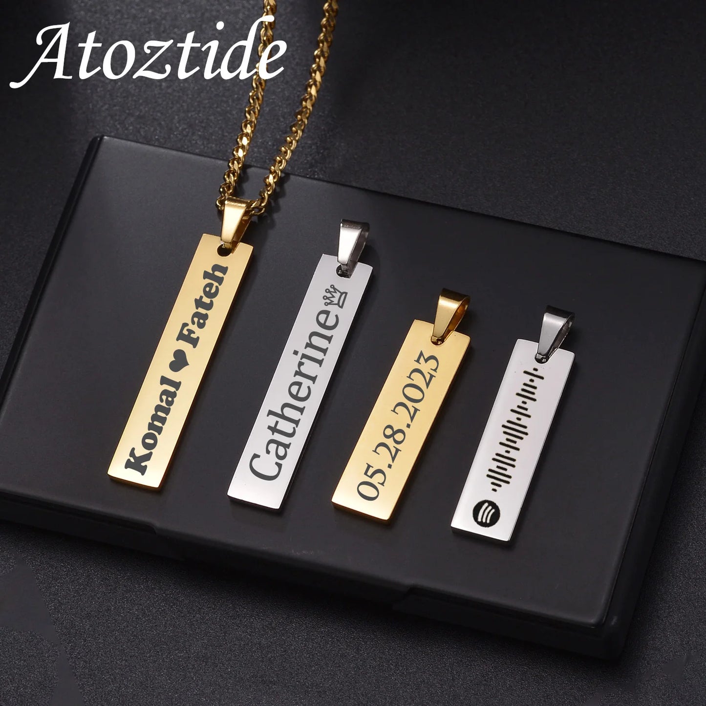 Atoztide Personalized Engrave Name Necklace Stainless Steel for Women Men Rectangle Link Chain Square Pendant Jewelry Gift