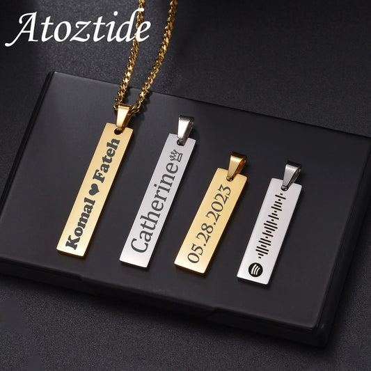 Atoztide Personalized Engrave Name Necklace Stainless Steel for Women Men Rectangle Link Chain Square Pendant Jewelry Gift