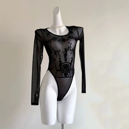 2024 Long Sleeve Black Mesh See Through Sexy Bodycon Bodysuit Spring Summer Women New Outfit Gothic Punk Bodysuits Y2k Clothing