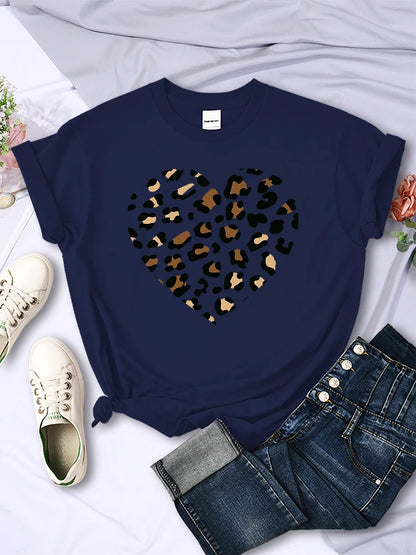 Simple Broken Leopard Heart Women Tshirt Casual Fashion T Shirts Soft Fashion Tee Clothing Harajuku Comfortable Women'S T Shirt