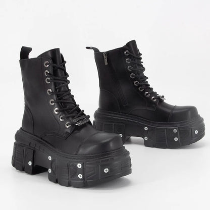 Punk Style Women Boots Lace-up Heel Height Platform Shoes Woman Gothic Ankle Rock Boots Metal Decor Man And Woman Sneakers 2025