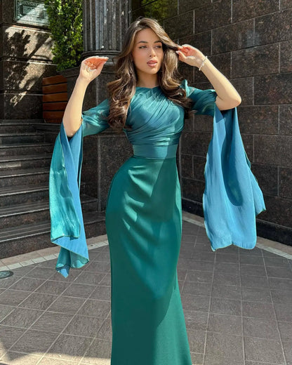 2024 New Women Fashionable Elegant Round Neck Bat Sleeve Waist Strap Dress Sexy Slimming Glass Yarn Large Skirt Satin Long Dress