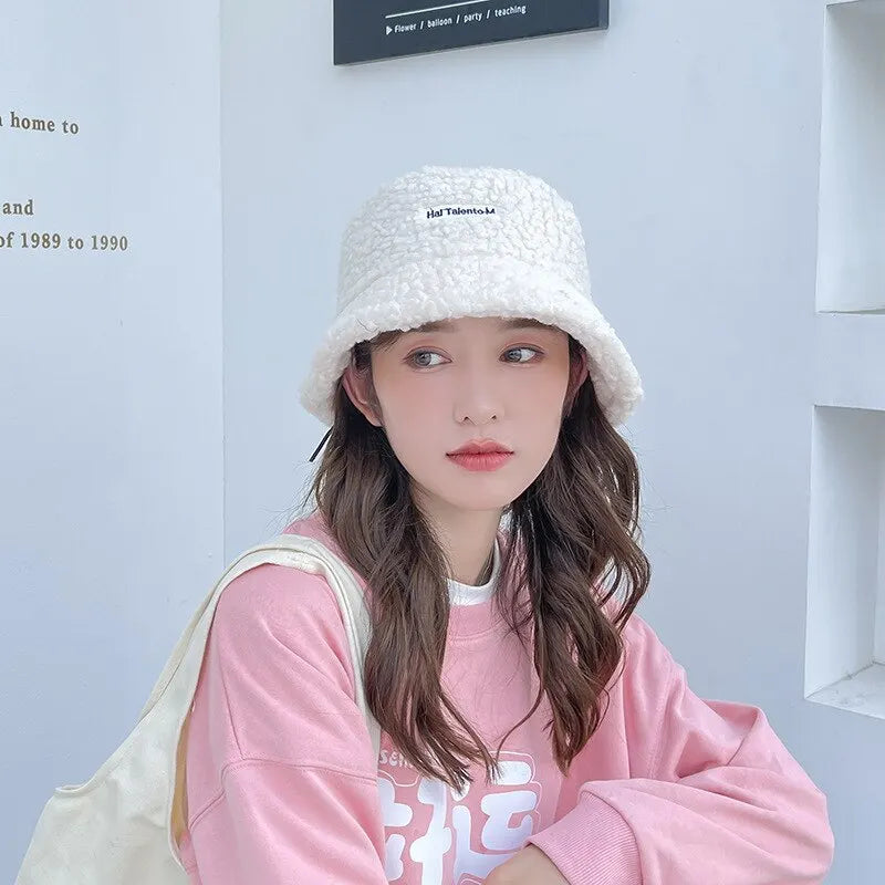 Winter Girl Boy Bucket Hat Cute Lamb Wool Letter Kids Fisherman Hat Solid Flat Top Hats Children Outdoor Thick Warm Sun Cap