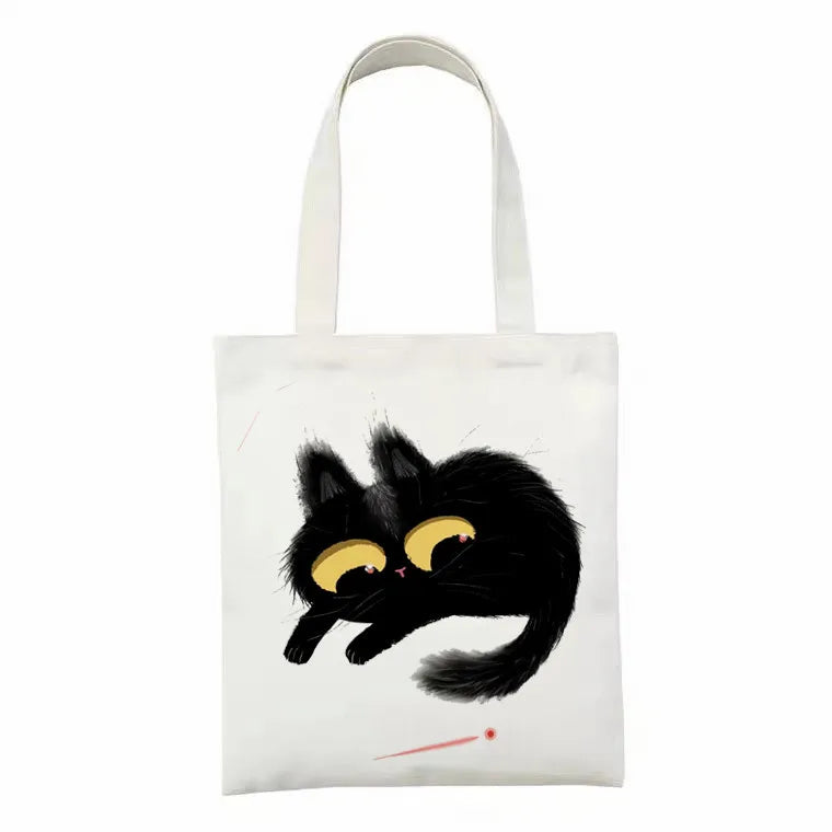 Cute Tote Bag Animals Black Cat Print Canvas Bag Eco Shopping Bag Daily Use Foldable Handbag Large Capacity Canvas Tote Women