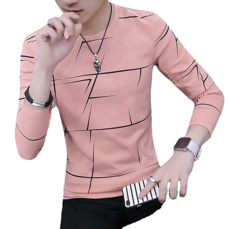 Tees T Shirt Men Autumn Winter Men Long Sleeve T-shirt Stripe Shirt New Tshirt T Shirts O-Neck Casual Pink White Black Tops