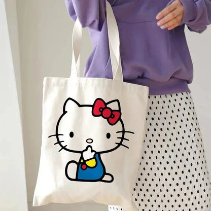 Hello Kitty Canvas Tote Bag Harajuku Y2k 90s Cartoon Girl Handbag Large Capacity Female Shoulder Bags Portable Travel Purse Gift