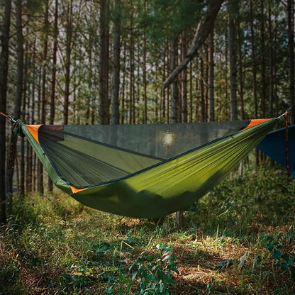 New Travelers camping outdoors with mosquito net hammocks, increased anti roll over speed, anti mosquito hammocks