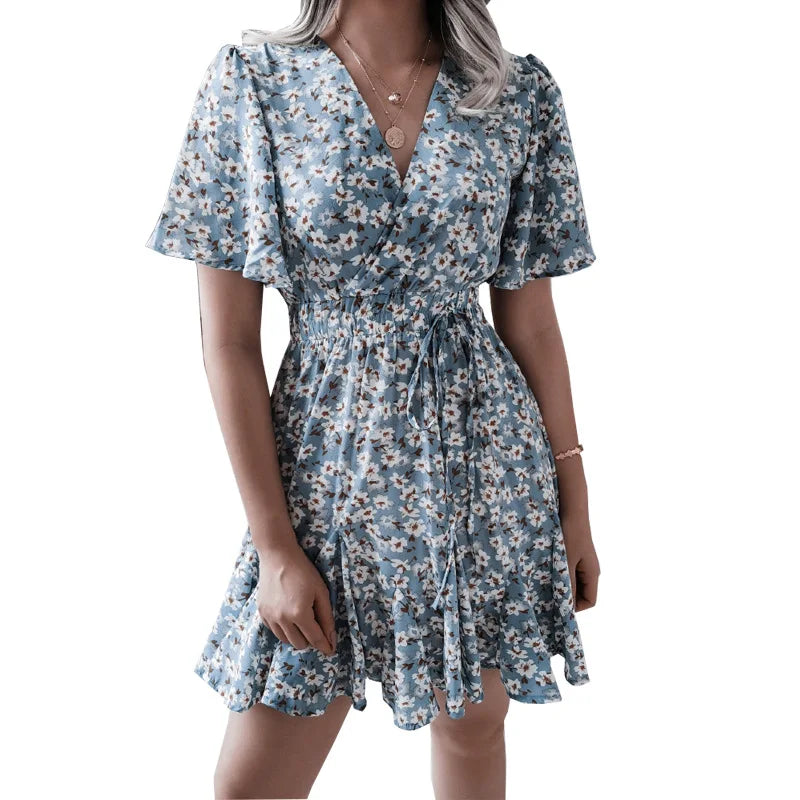 Summer 2024 new style women floral dress bubble sleeve French retro V-neck high-end chic design A-line skirt girls short dress