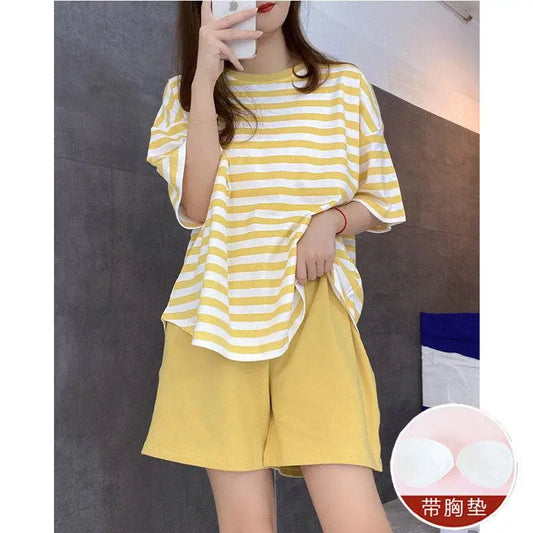 Women Summer Two Pieces Sets Pajamas O-neck Short Sleeve Shorts Pant Homewear With Chest Pad Thin Loose Striped Big Size Cute