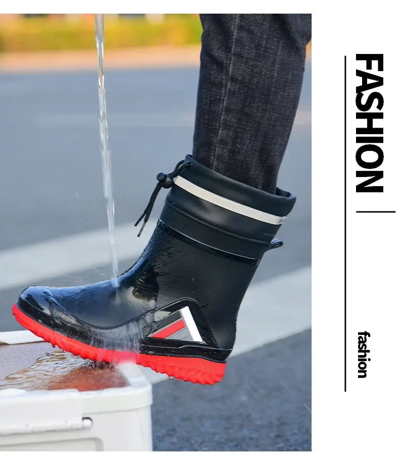 New Fashion Rain Boots for Men Mid-calf Non-slip Waterproof Rain Boots Car Washing Fishing Leisure Work Rubber Shoes with Cotton