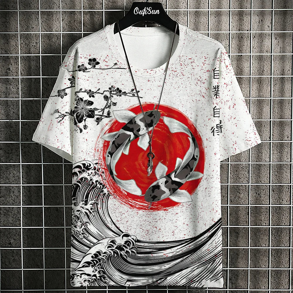 Ukiyo-E T-Shirt For Men Japanese Tshirts 3d Animal Fish Print Short Sleeve Tees Tops Casual Sweatshirt Men's Clothing S-4XL