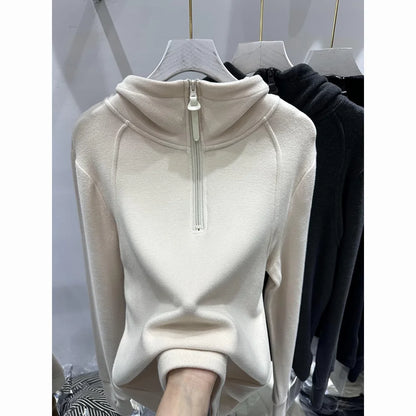 With Hat  Hoodies for Women Half-zip Simple Solid Korean Fashion All-match Streetwear Chic Design Causal Autumn Winter Tops Y2k