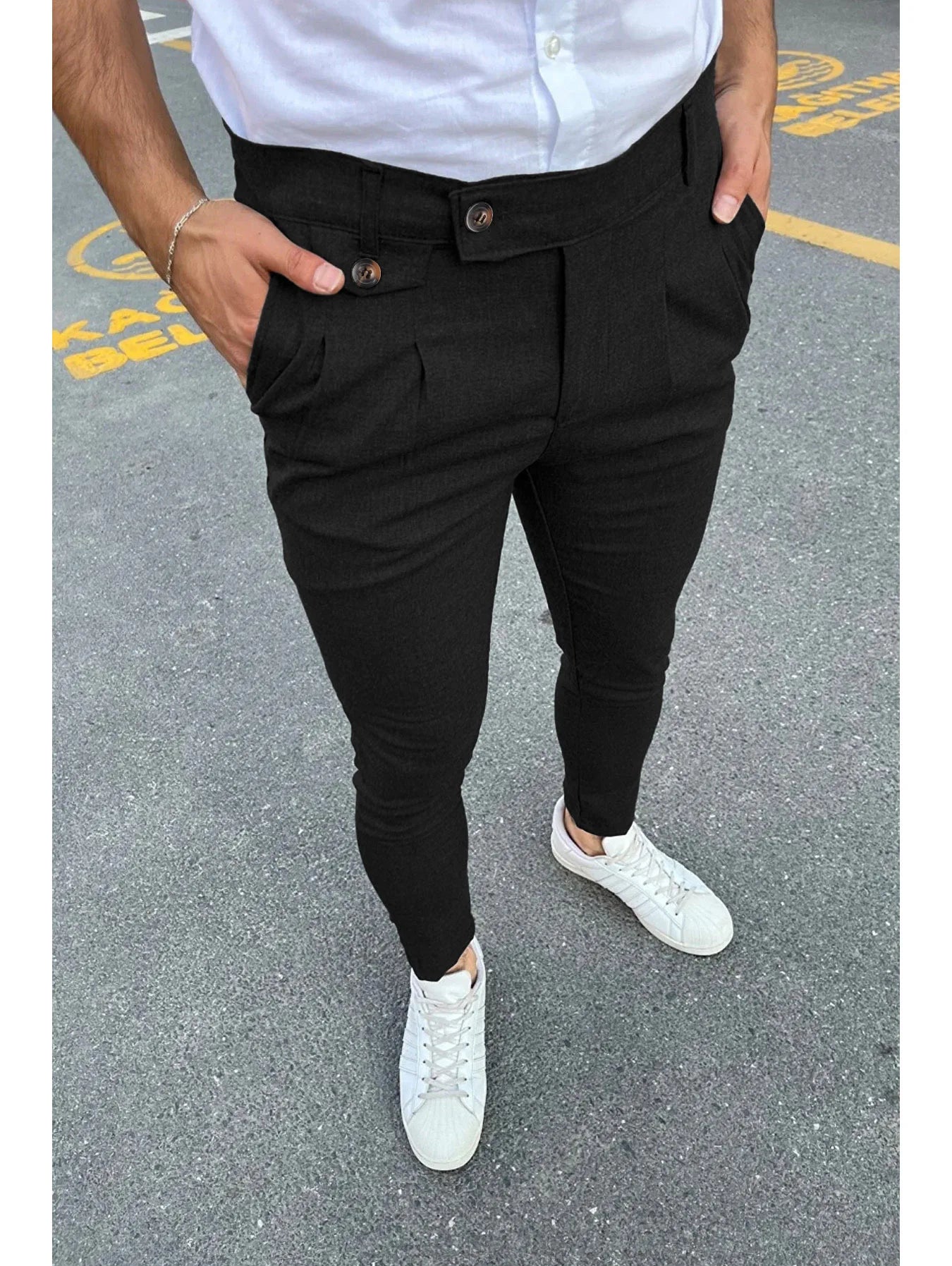 New Men's Business Casual Skinny Stretch Slim Fit Pencil Pants Trousers Fashion Zipper Mid Waist Solid Jogging Khaki Track Pants