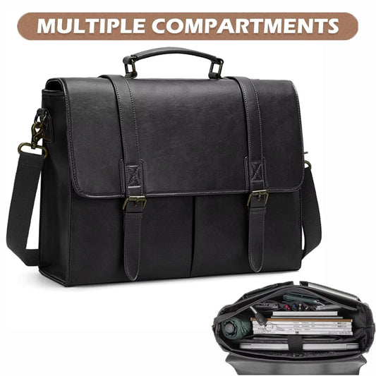 RAINSMORE Vintage Men Messenger Bag Waterproof Leather Briefcase Laptop Bag Large Capacity Satchel Business College Shoulder Bag