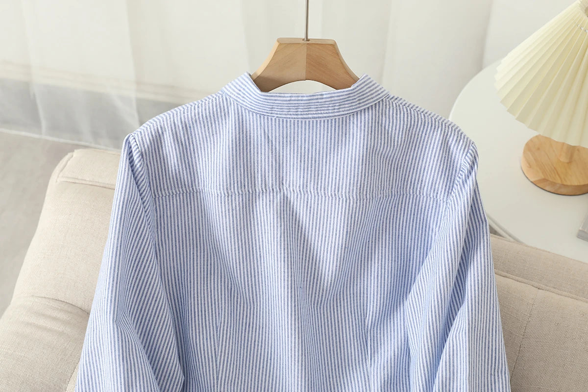 Women's Casual Cotton Oxford Shirt 2023 New Woman Striped Blouse and Tops Simple Solid Lady White Blue Shirts Clothes