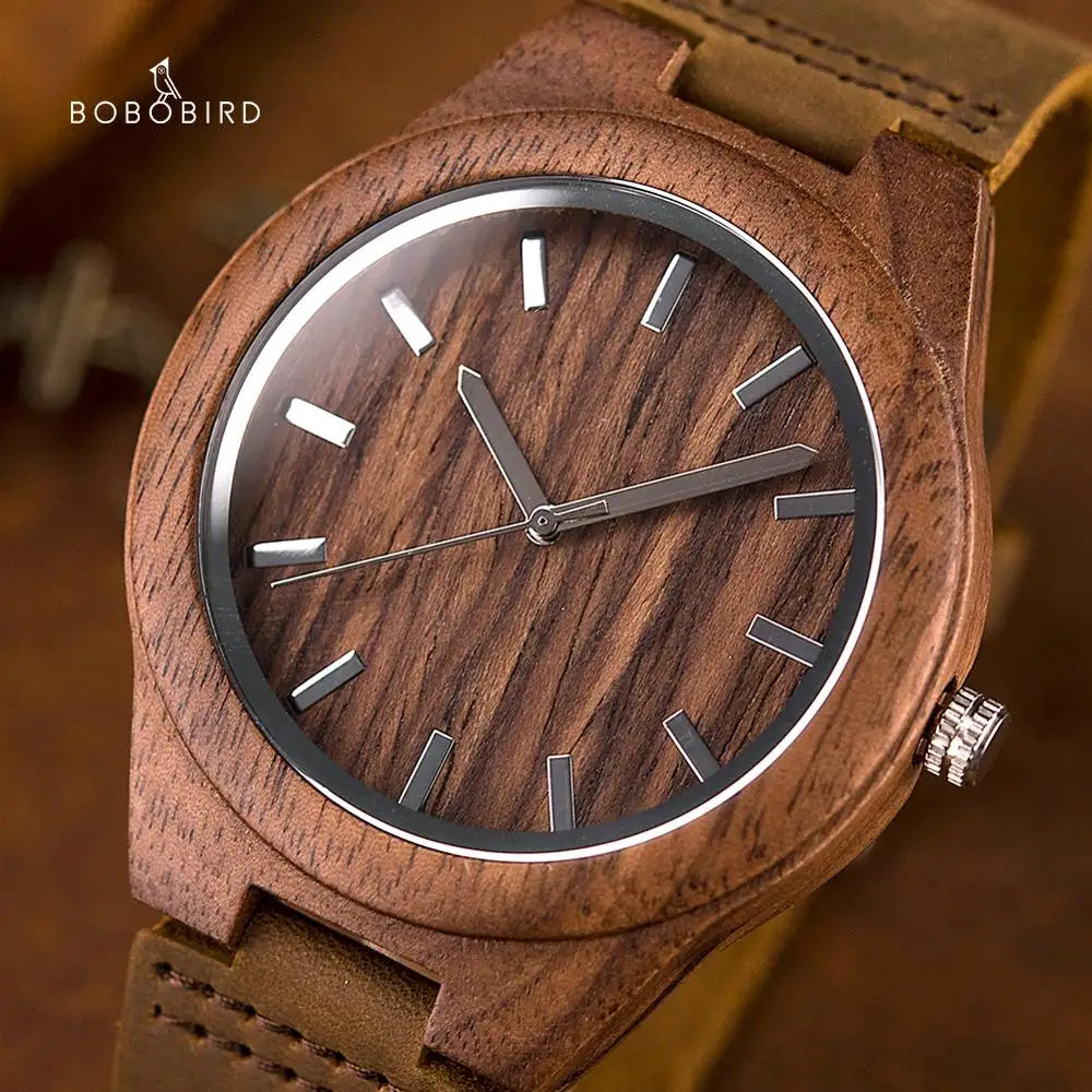 BOBO BIRD Mens Wood Watch Handmade Lightweight Minimalist Walnut Wooden Watches with Genuine Leather Personalized Gift