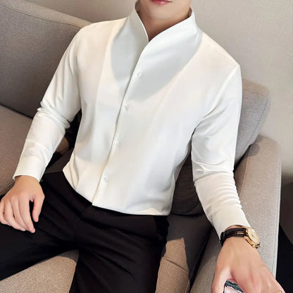 Brand Clothing Men's High Quality V-neck Long Sleeve Shirts Male Slim Fit Fashion Solid Color Office Dress Shirt 4XL-M