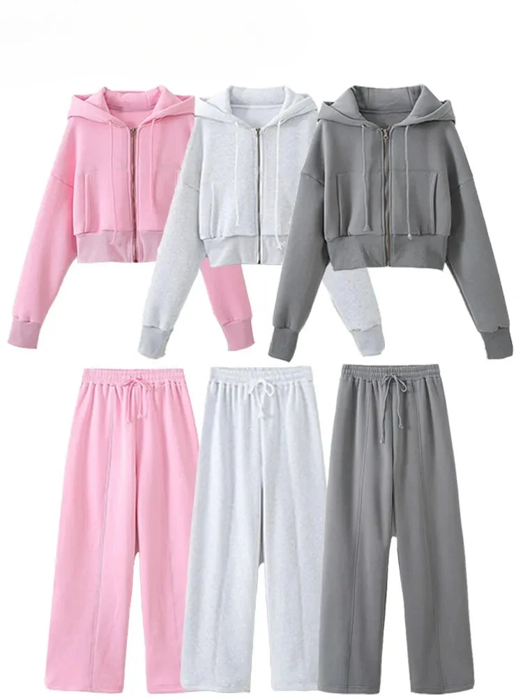 New Women's Trousers Suit Fashion Long Sleeve Zipper Coat elastic Hem Short Side Pocket Hooded Basic Coat And Trousers Suit