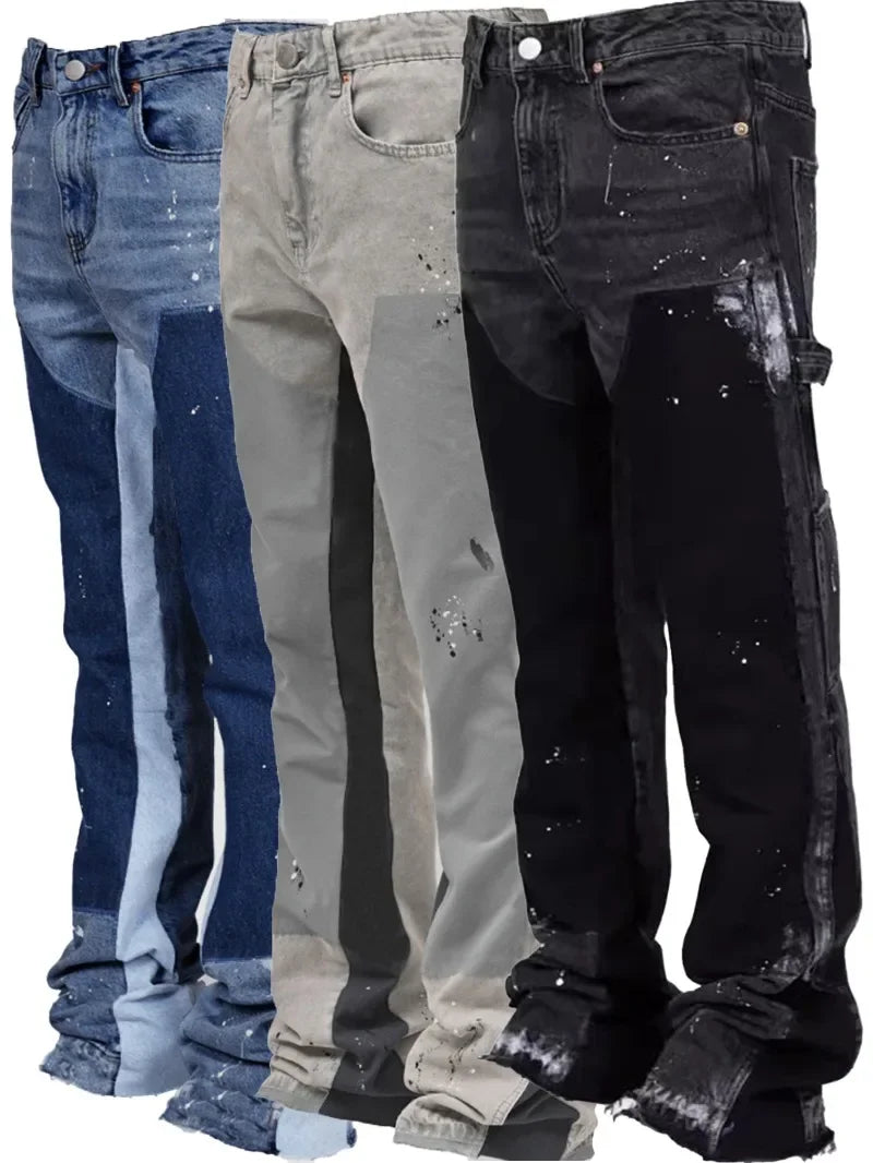 Y2k Jeans Men Painting Patch Baggy Stacked Jeans Fashion Work Wear Popular Stretch Patch Denim Stacked Flare Jeans Pants