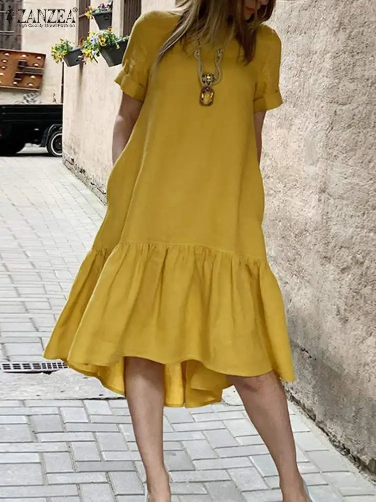 ZANZEA Women Cotton Dresses 2024 Summer Elegant Mid-calf Vestidos Casual Solid Color Short Sleeve Sundress Female O Neck Robe