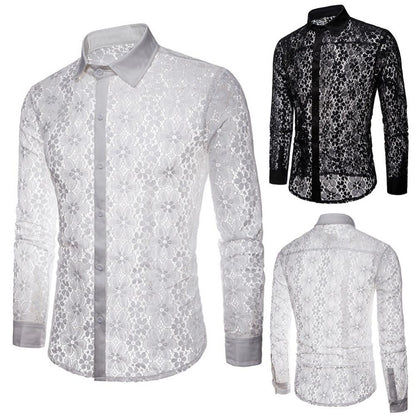 Turn Down Collar Cotton Men Shirts Long Sleeve Buttons Shirt Men Solid Color Sexy Lace See Through Clubwear Down Shirt