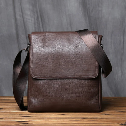 NZPJ-Leather Shoulder Bag for Men, Natural Cowhide, Vertical Crossbody Bag, Casual, Large Capacity, Flip, Zipper, 10 ", iPad