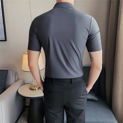 6colors High Quality New Solid High Elasticity Seamless Short Sleeve Shirts Men Slim Social Casual Business Formal Dress Shirt