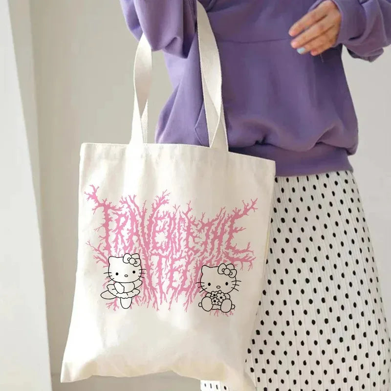 Hello Kitty Canvas Tote Bag Harajuku Y2k 90s Cartoon Girl Handbag Large Capacity Female Shoulder Bags Portable Travel Purse Gift