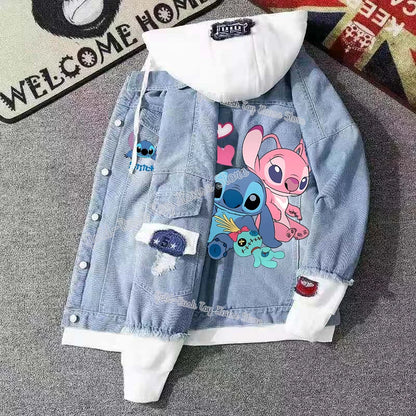 Lilo&stitch Hip Hop Men's Hooded Jean Jackets Women Outerwear Autumn Winter Coat Men Patchwork Denim Jacket Streetwear Clothes