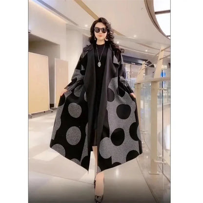 Polka Dot windbreaker For Women Long Windbreaker Loose Large Size L-5XL Overcoat Middle aged Female Wool Trench Coat Outcoat