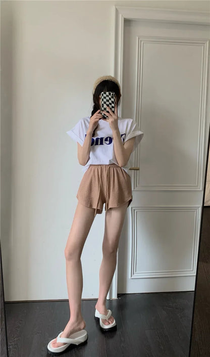 Women Shorts Summer High Elastic Lace Up Drawstring Wide Leg Sweat Short Fitness Running Shorts Loose Casual Large Sports Pants