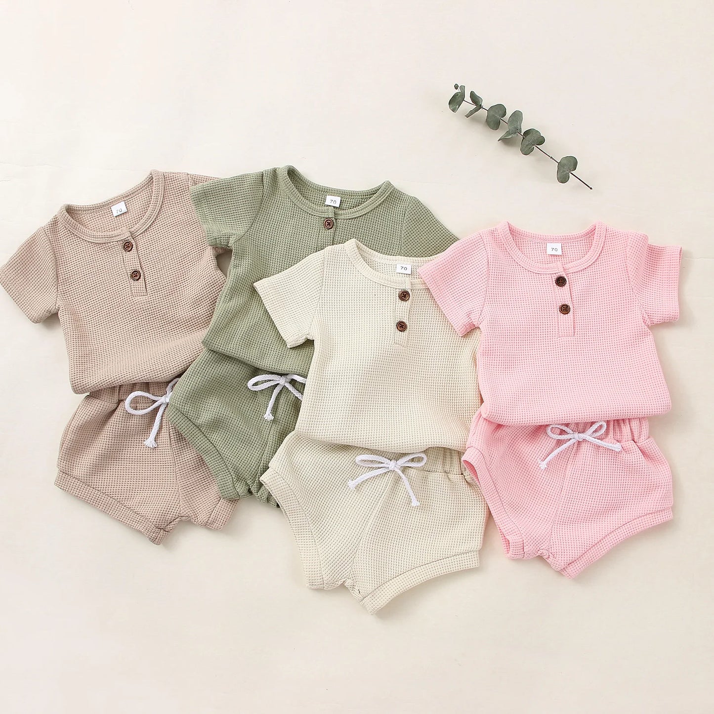 Cotton Casual Summer Newborn Baby Boys Girls Outfits Suit Ribbed Knitted Short Sleeve T-shirts Tops+Shorts 2Pcs Kids Tracksuits