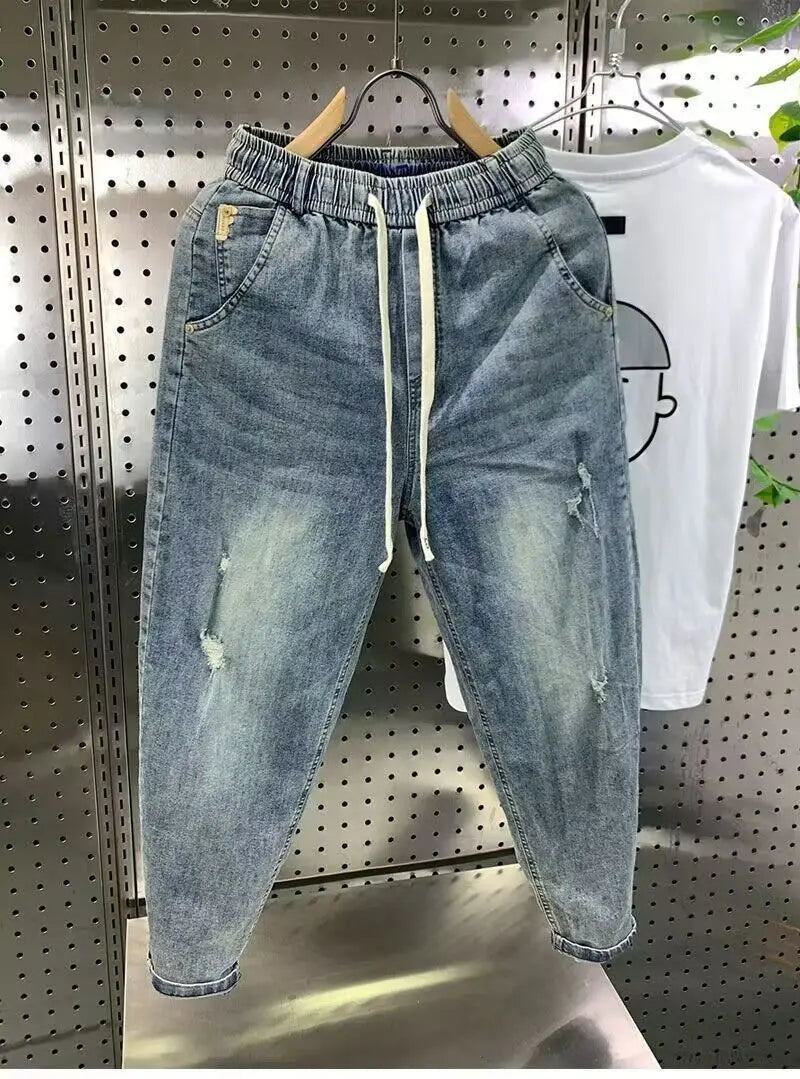 New Arrival Korean Casual Drawstring Denim Harem Pants Men's Jeans Spring Autumn Fashion Hip Hop  Loose Hole Baggy Washed Jeans