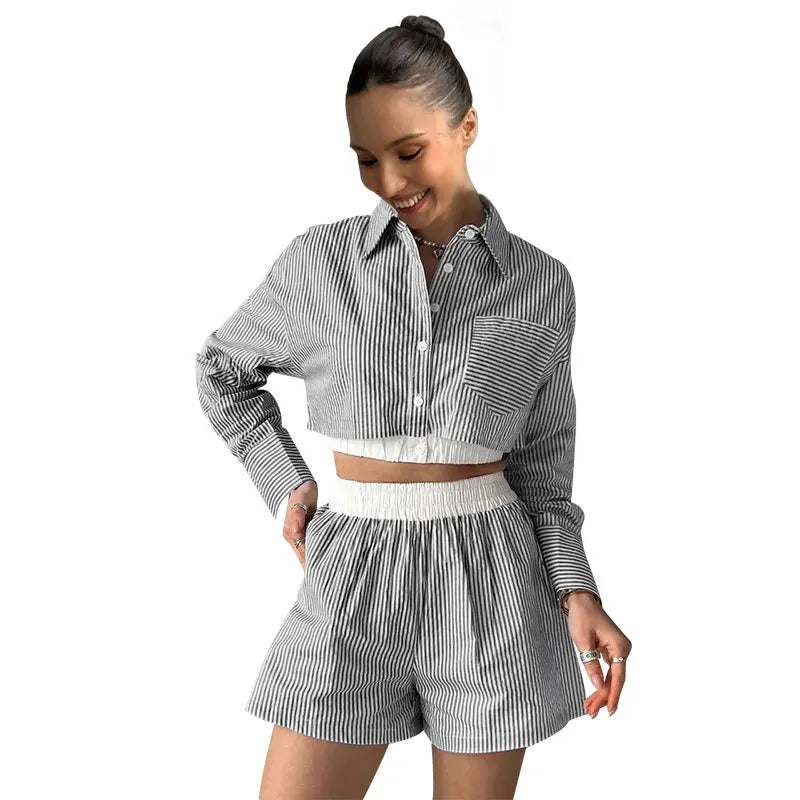 2 Pieces Set Sexy 2024 Summer Autumn Fashion Women Set Female Tops Stripe Long Sleeve Shirt Tops And Shorts Suit Matching Outfit