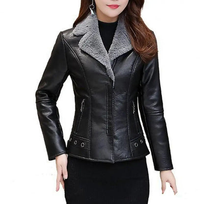 Plush Lapels Faux Faux Leather Jacket For Women Leater Jacket Spring Autumn Slim Fit Cardigan Coat Outerwear Lady Short Jacket