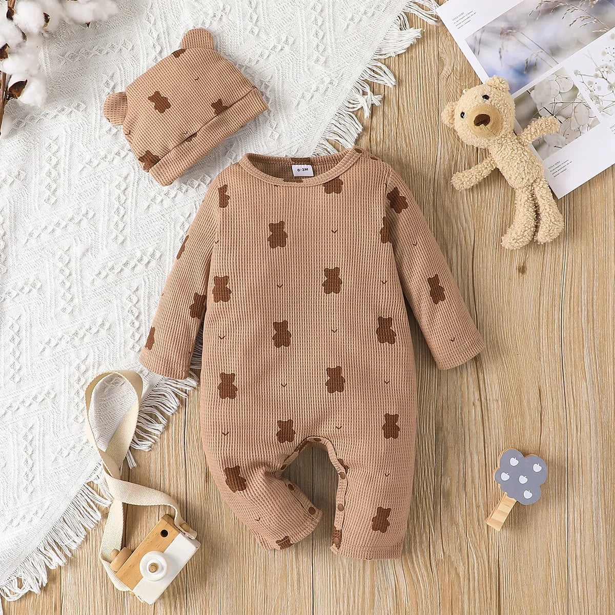 【Gift Hat】Set Baby Unisex Boy Girl Newborn Onesies Romper 0-18 Months Toddler Clothing Infant Long Sleeve Cartoon Bear Jumpsuit