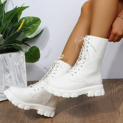 2024 Boots Women  Autumn Winter PU Leather White Ankle Boots Motorcycle Botines Female Chunky Heels Platform Boots Botas Mujer