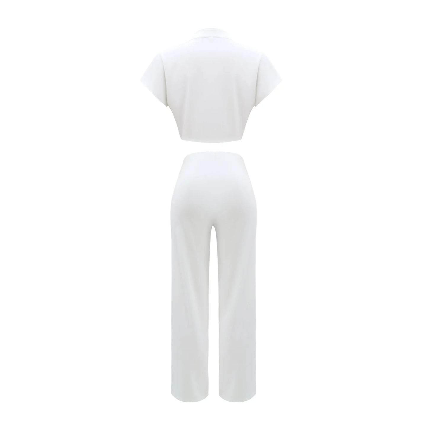 White Short Sleeve Shirt Tops Casual Wide Leg Pants Short Cardigan Top Solid Color Straight Pants Women Two-Piece Sets Outfits