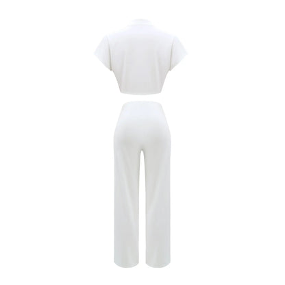 White Short Sleeve Shirt Tops Casual Wide Leg Pants Short Cardigan Top Solid Color Straight Pants Women Two-Piece Sets Outfits