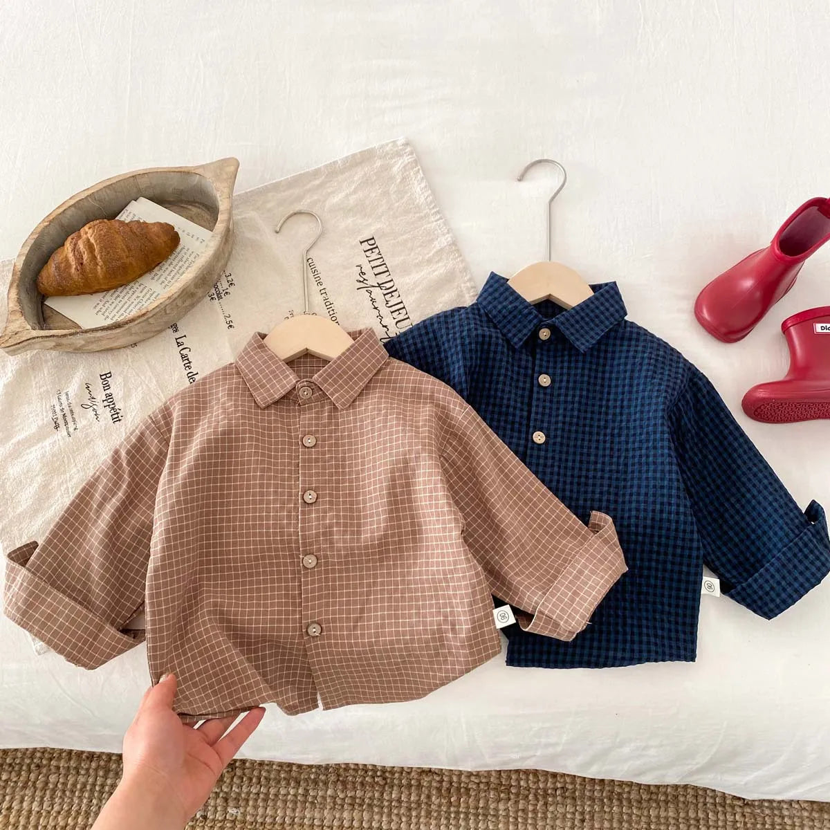 MILANCEL Boys Clothes Plaid Girls Shirts Turn Down Collar Brief Blouse Singlebreast Shirts